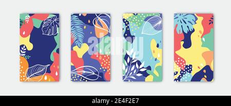 Set of abstract floral background designs for summer holiday with leaves. Card templates for summer sale, social media promotional content. Vector ill Stock Vector