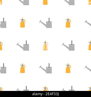 Seamless pattern with cartoon garden sprayer and watering can on white background. Gardening tool. Vector illustration for any design. Stock Vector