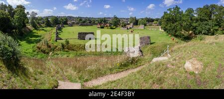 Panoramic view from the raised mound (motte) over the moat and central courtyard (bailey) of Beckhamsted Castle Berkhamsted, Herts, UK. Stock Photo