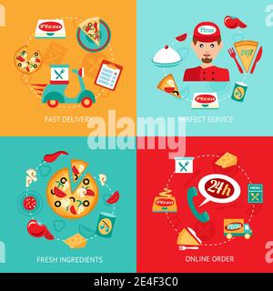 Fast food pizza delivery perfect service fresh ingredients online order decorative icons set isolated vector illustration Stock Vector
