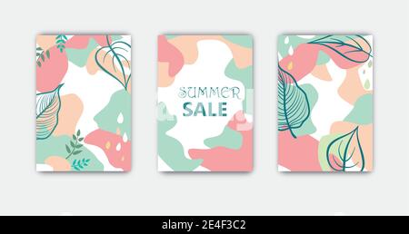 Set of abstract floral background designs for summer holiday with leaves. Card templates for summer sale, social media promotional content. Vector ill Stock Vector