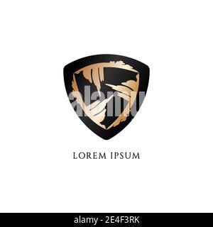 Decorative metallic military shield isolated on white background. Wooden Texture. Black and gold color theme. Stock vector illustration. Logo Design e Stock Vector