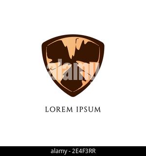 Decorative classic military shield isolated on white background. Wooden Texture. brown and beige color theme. Stock vector illustration. Logo Design e Stock Vector