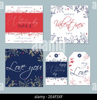 Set of trendy abstract card and tags for valentines day. For advertising flyers, greeting cards and social media posts. Delicate and modern design. Th Stock Vector