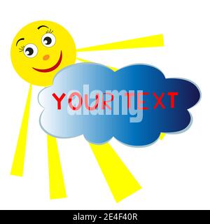 Sweet and kind sun and blue cloud on a white background. Illustration template for projects. Stock Vector