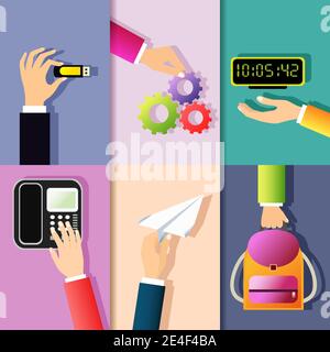 Business hands gestures design elements of holding memory stick cog wheel digital clock isolated vector illustration Stock Vector