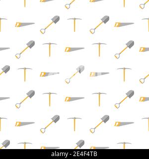 Seamless pattern with cartoon hand saw, pickaxe, shovel on white background. Gardening tool. Vector illustration for any design. Stock Vector