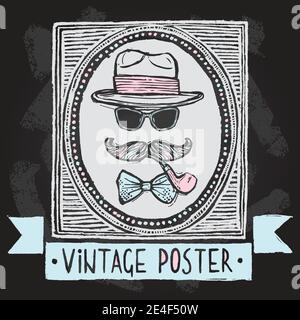 Vintage gentleman disguise set of hat sunglasses mustaches and tobacco pipe poster vector illustration Stock Vector