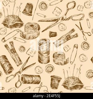 Sewing sketch seamless pattern with thread spool needle pillow scissors vector illustration. Stock Vector