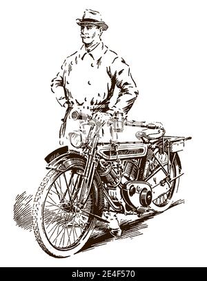Elderly man from the early 20th century standing next to his classic motorcycle Stock Vector