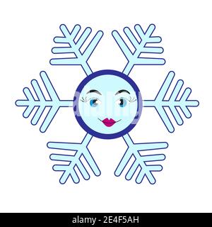Smiling cartoon snowflake with female face isolated on white background. Stock Vector