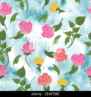 Seamless floral pattern with abstract colorful flowers, hand painted background. Brush texture for invitation, banner, wallpaper or other design. Stock Photo