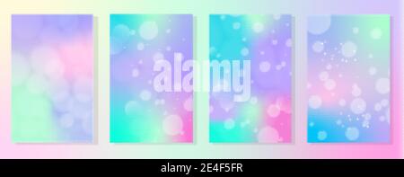 Set of 4 gradient holographic backgrounds in different colors with bokeh effect. Hologram to create trendy modern design.Trendy vector background for Stock Vector