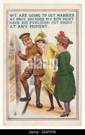 Original post WW1 comic postcard of married couple, fashionable young woman, army uniform, furlough cut short, during demobilization furlough posted 16 June 1929 from Birmingham, U.K. Stock Photo