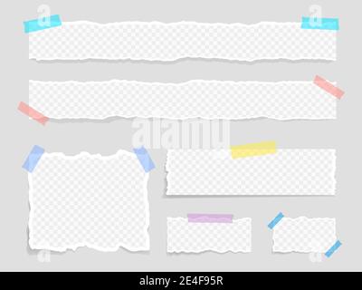 Set of torn paper affixed with duct tape. Paper waste. Torn paper, torn sheets and a sheet of paper for notes. Vector illustration Stock Vector