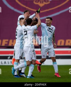 Scottish Championship - Heart of Midlothian v Raith rovers. Tynecastle Park, Edinburgh, Midlothian, UK. 23rd Jan, 2021. Hearts play host to Raith Rovers in the Scottish Championship at Tynecastle Park, Edinburgh. Pic shows: Raith Rovers' forward, Gozie Ugwu, is mobbed by teammates after scoring the opening goal for the visitors Credit: Ian Jacobs/Alamy Live News Stock Photo