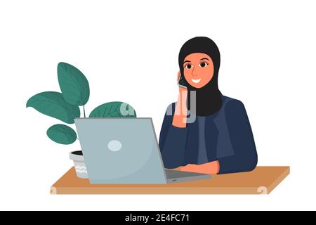 Arab woman in hijab on working place talking by phone and smiling isolated on white background stock vector illustration. Corporate employer, manager Stock Vector