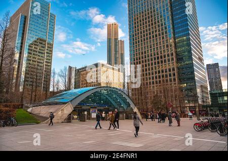 London, England, UK - January 22, 2021: Public square in front of the Underground Station Canary Wharf on a daytime Stock Photo