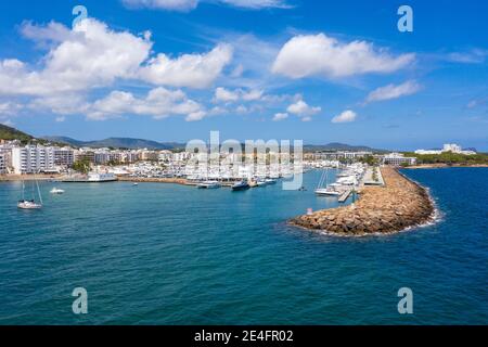 Aerial photo of the beautiful island of Ibiza, Spain in the Balearic islands showing the beach and harbour area by the mediterranean sea in Santa Eula Stock Photo