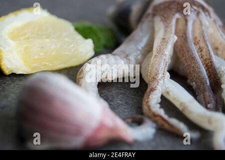 Squid tentacles on a slate platter with lemon and garlic Stock Photo