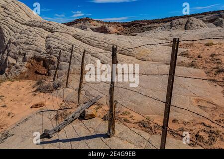 Old cattleman's barbed wire fence on Navajo Sandstone formations at White Pocket, Vermilion Cliffs National Monument, Arizona, USA Stock Photo