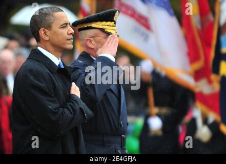 US President Barack Obama, joined by General Karl Horst, participates in a wreath laying ceremony at the Tomb of the Unknown Soldier in honor of Veterans Day at Arlington National Cemetery in Arlington, Virginia, USA on November 11, 2009. Photo by Kevin Dietsch/ABACAPRESS.COM Stock Photo