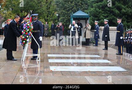 US President Barack Obama participates in a wreath laying ceremony at the Tomb of the Unknown Soldier in honor of Veterans Day at Arlington National Cemetery in Arlington, Virginia, USA on November 11, 2009. Photo by Kevin Dietsch/ABACAPRESS.COM Stock Photo