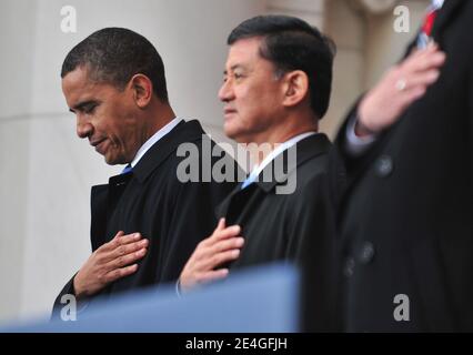 US PPresident Barack Obama (L) and Secretary of Veterans Affairs Eric Shinseki participate in a Veterans Day ceremony at Arlington National Cemetery, in Arlington, Virginia, USA on Veterans Day, on November 11, 2009. Photo by Kevin Dietsch/ABACAPRESS.COM Stock Photo