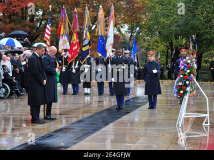US President Barack Obama, joined by General Karl Horst, participates in a wreath laying ceremony at the Tomb of the Unknown Soldier in honor of Veterans Day at Arlington National Cemetery in Arlington, Virginia, USA on November 11, 2009. Photo by Kevin Dietsch/ABACAPRESS.COM Stock Photo