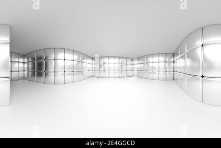 360 degree panorama view of empty white room with metallic surface and reflections 3d render illustration Stock Photo