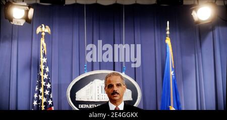 U.S. Attorney General Eric Holder announces that the self-described mastermind of the 9/11 attacks, Khalid Shaikh Mohammad, and four other Guantanamo detainees accused in the plot will be tried in federal court in New York during a news conference at the Department of Justice in Washington, DC, USA on November 13, 2009. Photo by Olivier Douliery /ABACAPRESS.COM Stock Photo