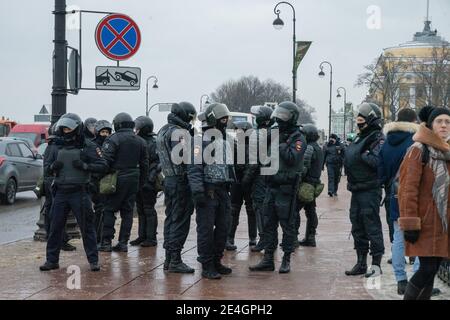 The OMON police Squad of Special Assignment is blocking the road during protests and rally in St. Petersburg, Russia Stock Photo