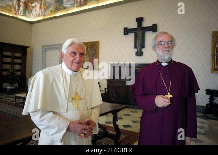 Pope Benedict XVI meets his Anglican counterpart, Archbishop of Canterbury Rowan Williams at the Vatican on november 21,2009. They had ' cordial discussions' amid tensions between the two churches.The strictly private meeting came just two weeks after the Vatican made it easier for disgruntled Anglicans to convert to Catholicism. Photo by ABACAPRESS.COM Stock Photo