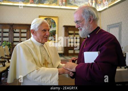 Pope Benedict XVI meets his Anglican counterpart, Archbishop of Canterbury Rowan Williams at the Vatican on november 21,2009. They had ' cordial discussions' amid tensions between the two churches.The strictly private meeting came just two weeks after the Vatican made it easier for disgruntled Anglicans to convert to Catholicism. Photo by ABACAPRESS.COM Stock Photo