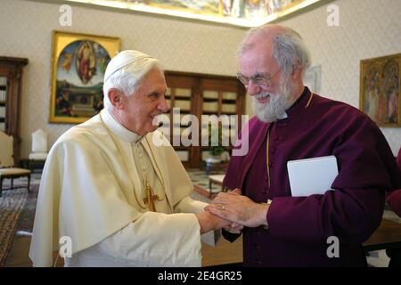 Pope Benedict XVI meets his Anglican counterpart, Archbishop of Canterbury Rowan Williams at the Vatican on november 21,2009. They had ' cordial discussions' amid tensions between the two churches.The strictly private meeting came just two weeks after the Vatican made it easier for disgruntled Anglicans to convert to Catholicism. Photo by ABACAPRESS.COM Stock Photo