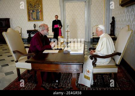 Pope Benedict XVI meets his Anglican counterpart, Archbishop of Canterbury Rowan Williams at the Vatican on november 21,2009. They had ' cordial discussions' amid tensions between the two churches.The strictly private meeting came just two weeks after the Vatican made it easier for disgruntled Anglicans to convert to Catholicism. Photo by ABACAPRESS.COM Stock Photo