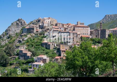 View of the mountain village of Speloncato in the Balagne region of the island of Corsica, France Stock Photo