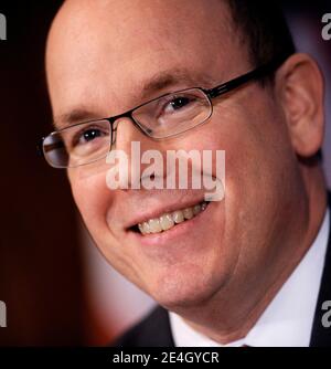 File photo : Prince Albert II of Monaco during a luncheon at the National Press Club to discuss the environment and climate change in Washington, DC, USA on November 30, 2009. Prince Albert came for the 50th anniversary of the signing of the Antarctic Treaty on December 1. Prince Albert II’s reign 10th anniversary is being celebrated in the principality on July 11, 2015. Photo by Olivier Douliery /ABACAPRESS Stock Photo