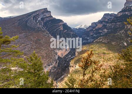 The Anisclo canyon seen from above in autumn, the erosion of the Bellos river in the mountains, in the Pyrenees of Huesca, Spain Stock Photo