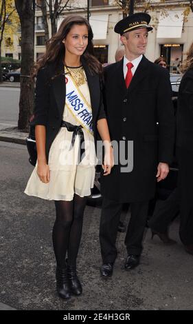 Miss Normandie, Newly elected Miss France 2010, Malika Menard seen leaving Europe 1 radio station in Paris, France on December 7, 2009. Photo by ABACAPRESS.COM Stock Photo