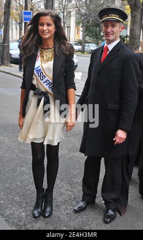 Miss Normandie, Newly elected Miss France 2010, Malika Menard seen leaving Europe 1 radio station in Paris, France on December 7, 2009. Photo by ABACAPRESS.COM Stock Photo