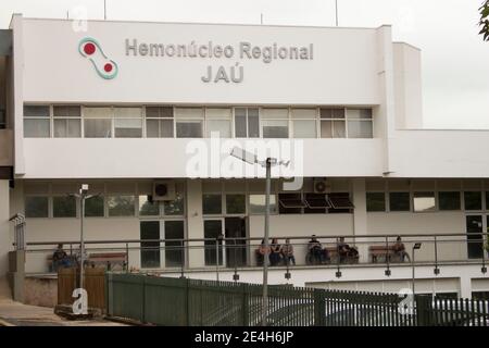 Jau / Sao Paulo / Brazil - 02 21 2020: Full frame of the entrance of 'Hemonúcleo Regional Jaú, Amaral Carvalho Hospital located at Jaú or Jahu city. Stock Photo