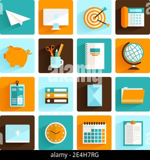 Office desk icons flat set of pass folders clock and stationery isolated vector illustration Stock Vector