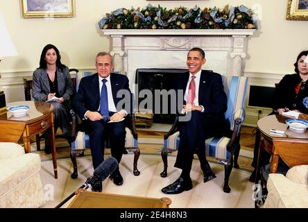 US President Barack Obama hosts a meeting with President Michel Sleiman of Lebanon in the Oval office at the White House in Washington, DC, on December 14, 2009. Photo by Olivier Douliery/ABACAPRESS.COM Stock Photo