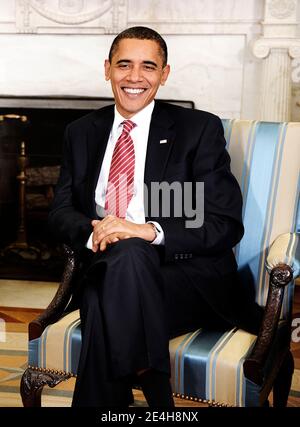 US President Barack Obama looks on during a meeting with President Michel Sleiman of Lebanon in the Oval office at the White House in Washington, DC, on December 14, 2009. Photo by Olivier Douliery/ABACAPRESS.COM Stock Photo