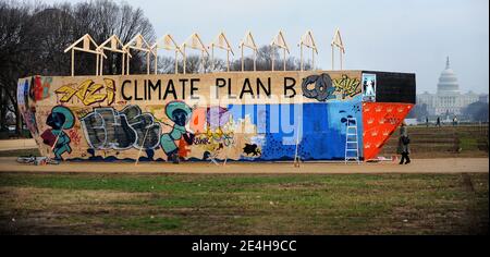 A wooden ark buillt by environmental activists stands to call attention to climate change and the summit in Copenhagen, on the National Mall in Washington, DC, on December 14, 2009. Photo by Olivier Douliery /ABACAPRESS.COM Stock Photo