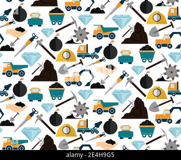 Mining and mineral excavation equipment and machinery seamless pattern vector illustration Stock Vector