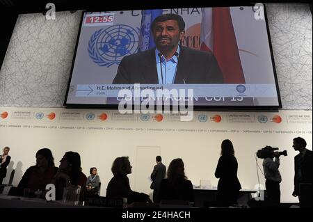 Iranian President Mahmoud Ahmadinejad delivers a speech during the plenary session at the Bella Center in Copenhagen, Denmark on December 17, 2009 during COP15 UN Climate Change Conference. Photo by Mousse/ABACAPRESS.COM Stock Photo