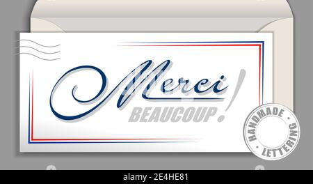 Handwritten French language lettering Merci Beaucoup - Thank you very much. France vector calligraphy phrase Thank You so much isolated on white envel Stock Vector