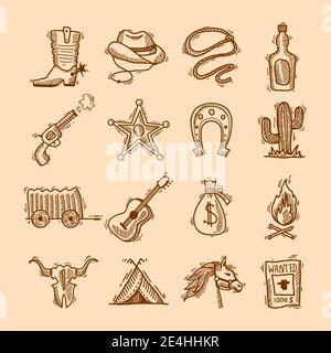 Wild west cowboy hand drawn set with saddle sheriff badge horseshoe isolated vector illustration Stock Vector